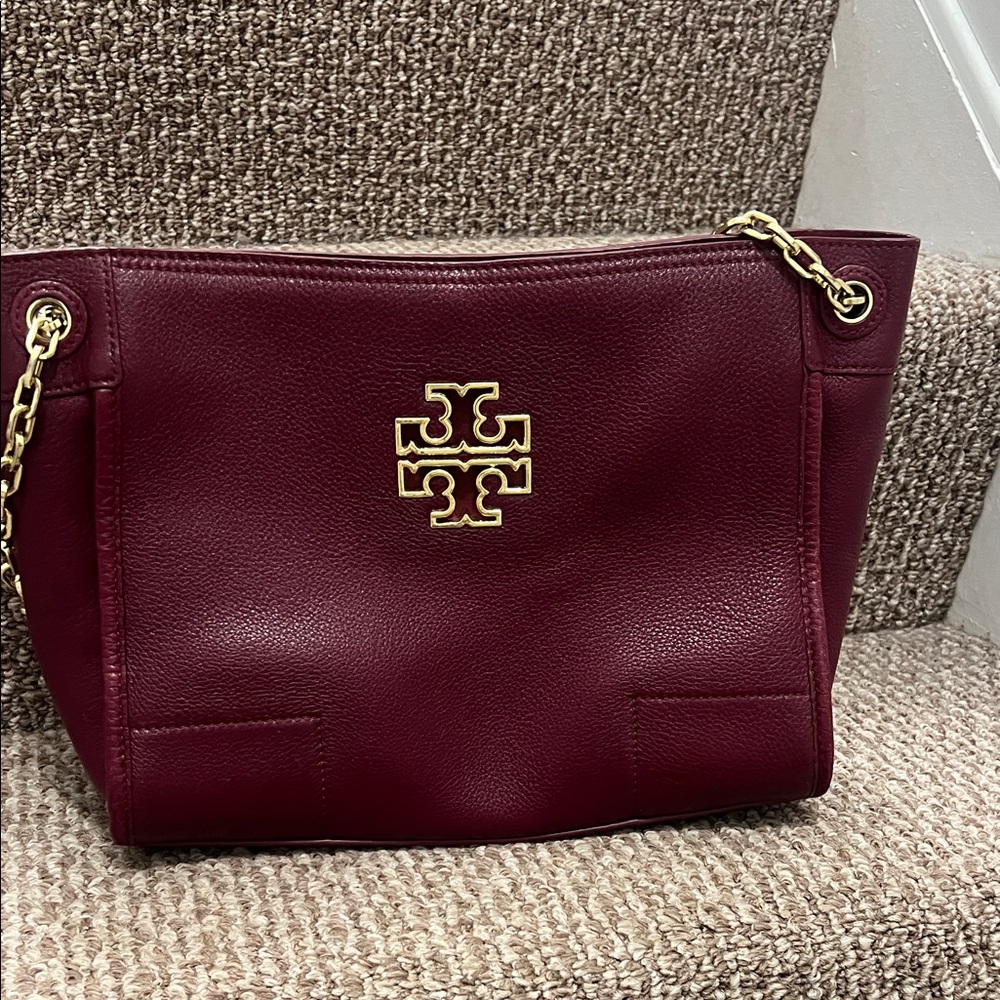 Tory Burch Deep Red Shoulder Bag with Gold Accents